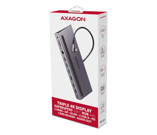 AXAGON Wieloportowy hub USB 5Gbps, 3x USB-A, 2x HDMI + DP + GLAN, - 1185555 - zdjęcie 4